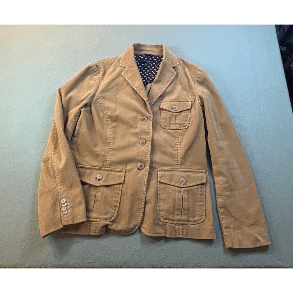 Lands End Corduroy Blazer Womens 12 Tan Brown Utility Jacket Dark Academia